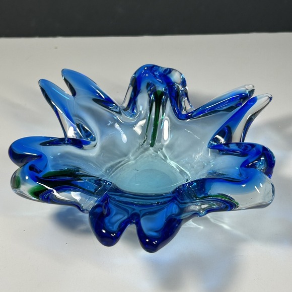 Hand-Blown  Style Art Glass Bowl - Blue & Green Wave Design - Picture 4 of 9